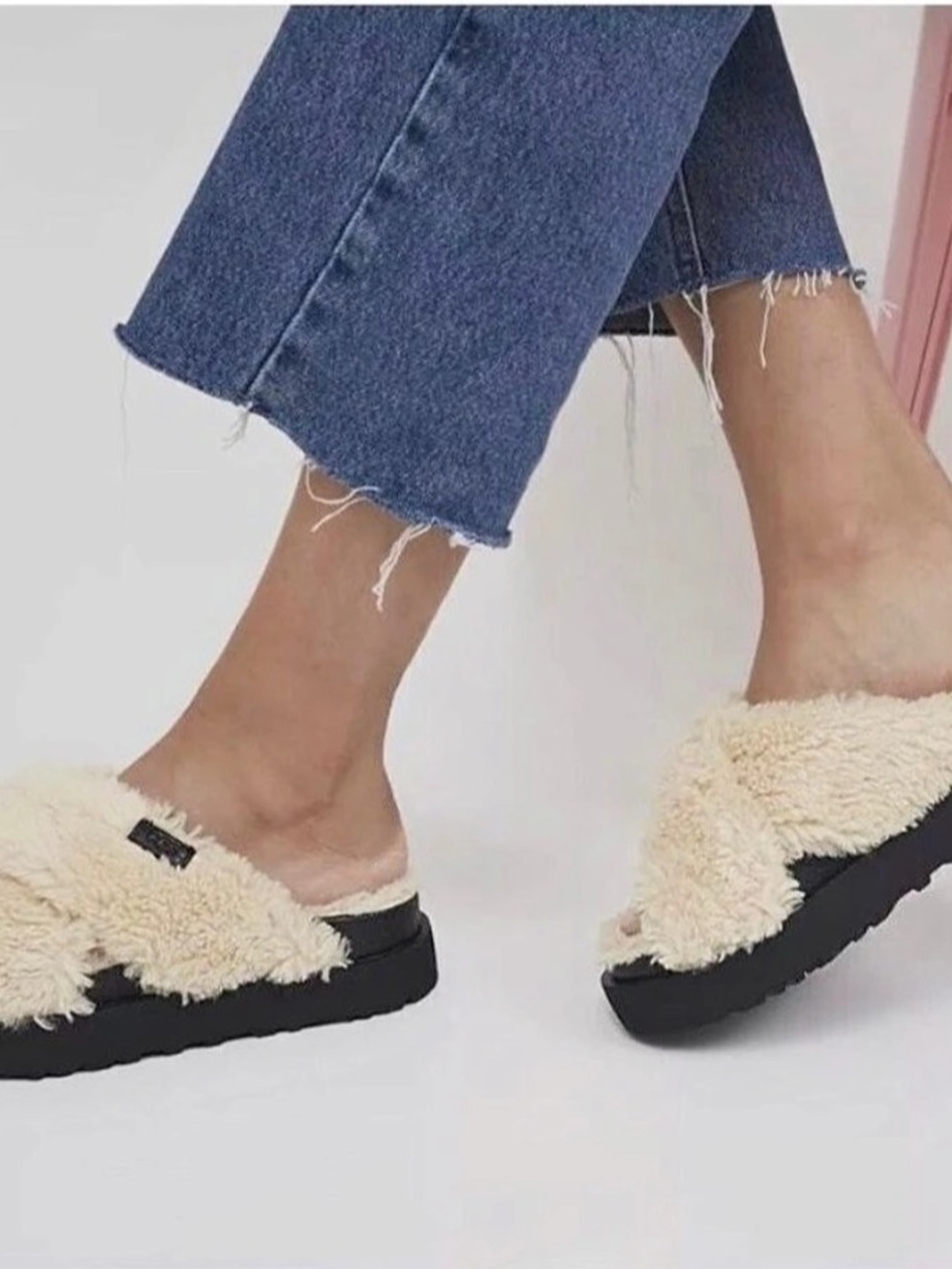 UGG Fluff Yeah Slide Fuzzy Slippers Cream & Black